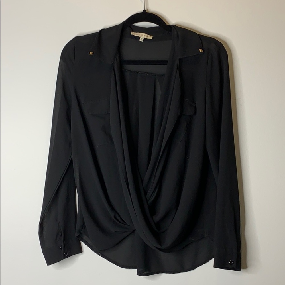 BLACK SHEER LONG SLEEVE CRISS CROSS BLOUSE